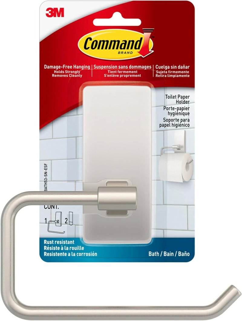 Command Toilet Paper Holder Satin Nickel with Water Resistant Strips, Rust Resistant Bathroom Organizer - Image 1
